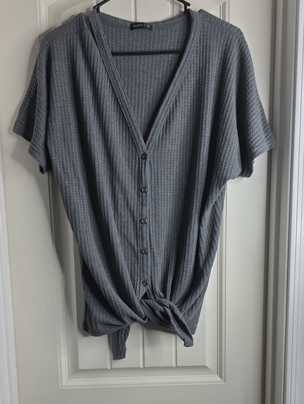 Miholl Gray Waffle-Knit Button Front Tie Hem Top